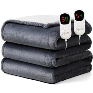 Homemate Electric Heated Blanket Queen Size - 84"x90" Heating Blanket Queen Size Dual Control 1/2/4/6/8 Hours Auto-Off 10 Heat Level Over-Heat Protection Flannel Sherpa ETL Certification (Light Grey)