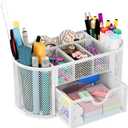 EasyPAG Mesh Pen Holder Desk Organizer with Drawer Stationery Supplies Organizer for Dorm School 9 Compartments Workspace Desk Accessories Organization for Office, White