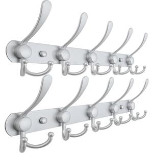 Dseap Coat Rack Wall Mounted - 5 Tri Hooks, Heavy Duty, Stainless Steel, Metal Coat Hook Rail for Coat Hat Towel Purse Robes Mudroom Bathroom Entryway (Silver, Pack of 2)