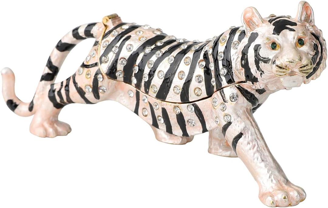 QIFU Hand Painted silver Tiger Figurine Enamel Trinket Box Hinged, Unique Gift for Family