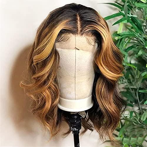 ANDRIA Short Wig Ombre Highlight Brown Colorful Wavy Lace Front Wig Women Natural Loose Wave Wigs Synthetic Heat Resistant Fiber Hair Glueless Lace Wigs with Baby Hair 16 Inches