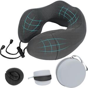 Travel Neck Pillow for Airplanes,100% Memory Foam Neck Support Pillow,Ergonomic U-Shaped 360 Neck Support,Portable with Storage Box,for Flight,Car,Train,Office & Home (Dark Gray)
