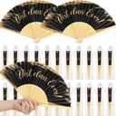 GlikCeil 20 Pcs Class Reunion Decorations 10 Year Reunion Hand Folding Fans with Organza Bags Bulk Foldable Paper Black and Gold Fans for Souvenir Party Favor Supplies Ceremony