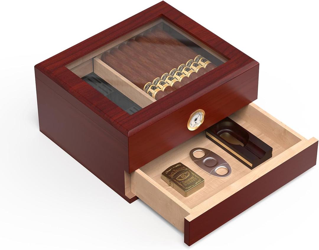 Cigar Humidor Case with Mechanical Hygrometer, Cigar Humidor Glass Top Cigar Case Humidifiers, Humidor Box Cigar Cases for Men Cigar Desktop Humidors Cigars hold 25-50 Counts, Red