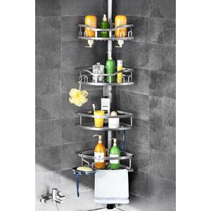 HAMITOR Corner Shower Caddy Tension Pole: Rustproof 4-Tier Bathroom Organizer Shelves for Bathtub Shampoo Storage - 47-121 Inch Quick Install Adjustable Rod Standing Rack with Soap Rack - Silver Gray