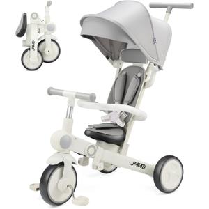 JMMD Baby Tricycle, 7-in-1 Multifunctional Kids Trike with Adjustable Parent Handle, Safety Harness & Wheel Brakes, Removable Canopy, Stroll Trike for Boys & Girls Ages 18 Months-5 Years, Gray