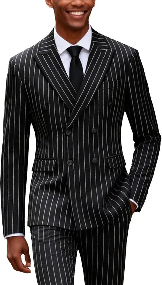 UNINUKOO Men's Suits 2 Piece Pinstripe Double Breasted Tuxedo Suit for Men Slim Fit Formal Dress Blazer Jacket Pants, Size: M