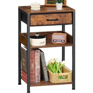 Lerliuo End Table with Fabric Drawer,3 Tier Industrial Wood Side Table with Storage,Modern Tall Printer Stand,Vintage Brown Nightstand,Rustic Bedside Tables for Living Room Bedroom Small Spaces (1 pack)