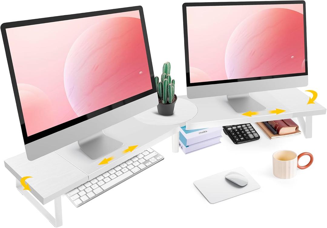 Across-Star Dual-Monitor Stand for Desk - Large Adjustable Length and Angle Riser for 2 Monitors, Double Computer Desktop Organizer, Shelf for TV, Laptop, Printer (30.3-40.5L*9.45D*4.9H, White)