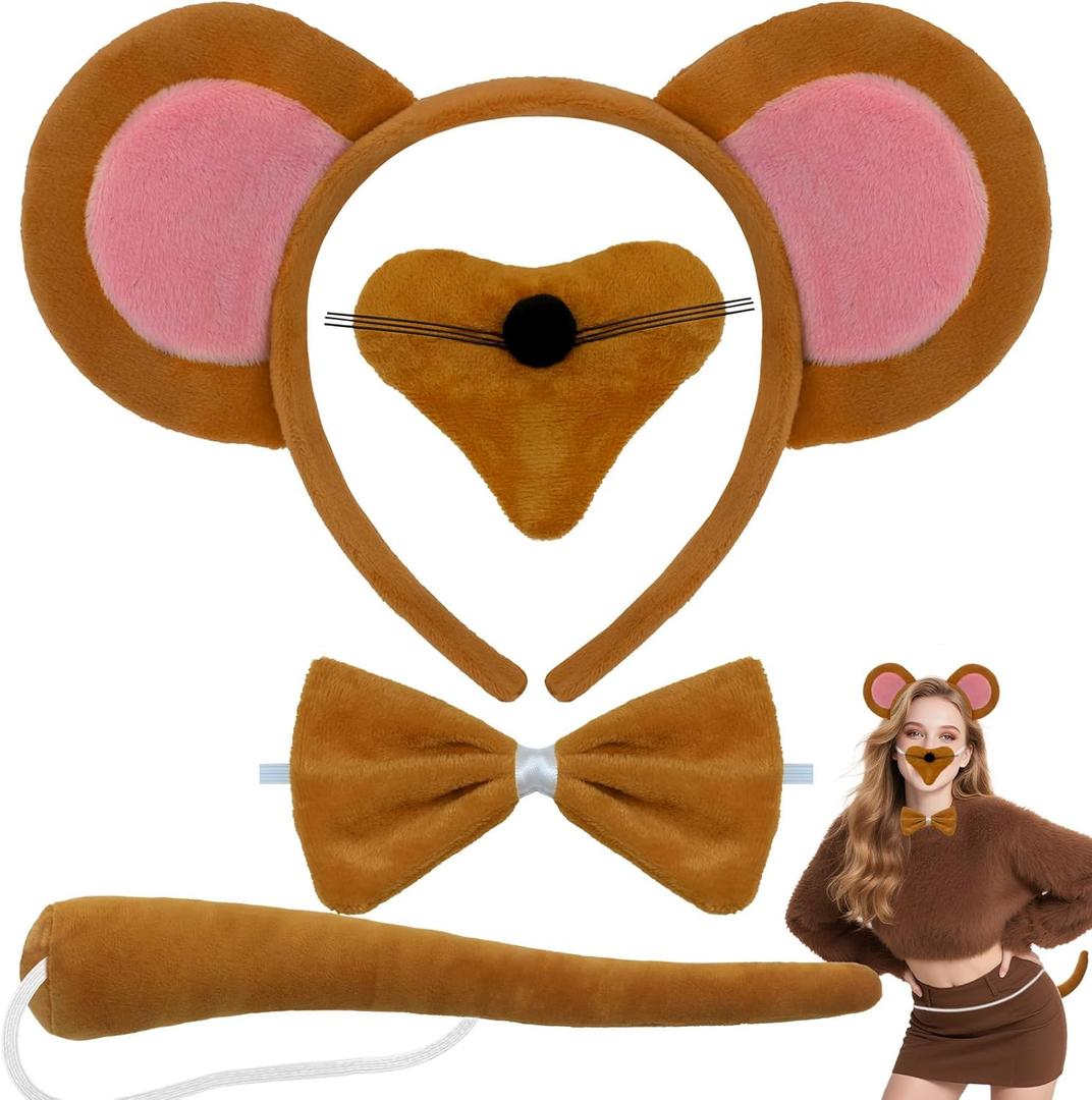 Mouse Costume with Brown Mouse Ears Headband, Tail, Nose & Bow Tie - Animal Dress Costume Kit Accessories for Halloween Cosplay Party Dress Up