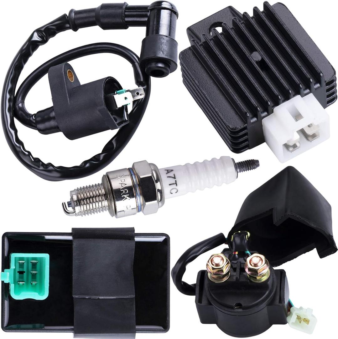Ignition Coil 5-PIN CDI Box Solenoid 4-PIN Relay Voltage Regulator Spark Plug Kit for 50cc 70cc 90cc 110cc 125cc ATV Chinese Go Kart Dirt Bike Pit Bike TaoTao Moped Scooter Ignition Coil 5-PIN CDI Box Solenoid 4-PIN Relay Voltage Regulator Spark Plug Kit for 50cc 70cc 90cc 110cc 125cc ATV Chinese Go Kart Dirt Bike Pit Bike TaoTao Moped Scooter