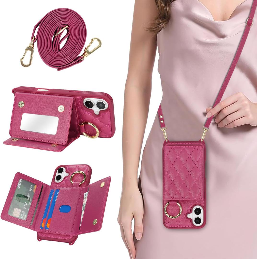 for iPhone 16 Plus Case with Card Holder and Strap for Women,Crossbody Lanyard, Make Up Mirror,Ring Stand,Snap Clasp,Cute Phone Wallet Cases 6.7 inch - Rose red