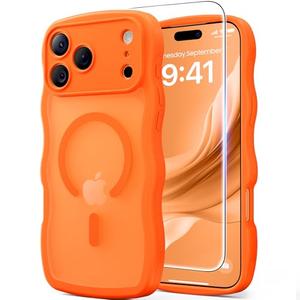 3 in 1 Magnetic for iPhone 17 Pro Case, 1X Screen Protector+1X Wrist Strap, Cute Wavy[Full Camera Protection] [Fit for MagSafe], Trendy Matte Women Girly Case for iPhone 17 Pro 6.3", Cosmic Orange