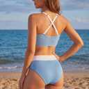 BMJL Women's High Waisted Bikini Sets for Women Color Block Ribbed Two Piece Swimsuit Removable Padding Full Coverage Bikini (Blue, Medium)