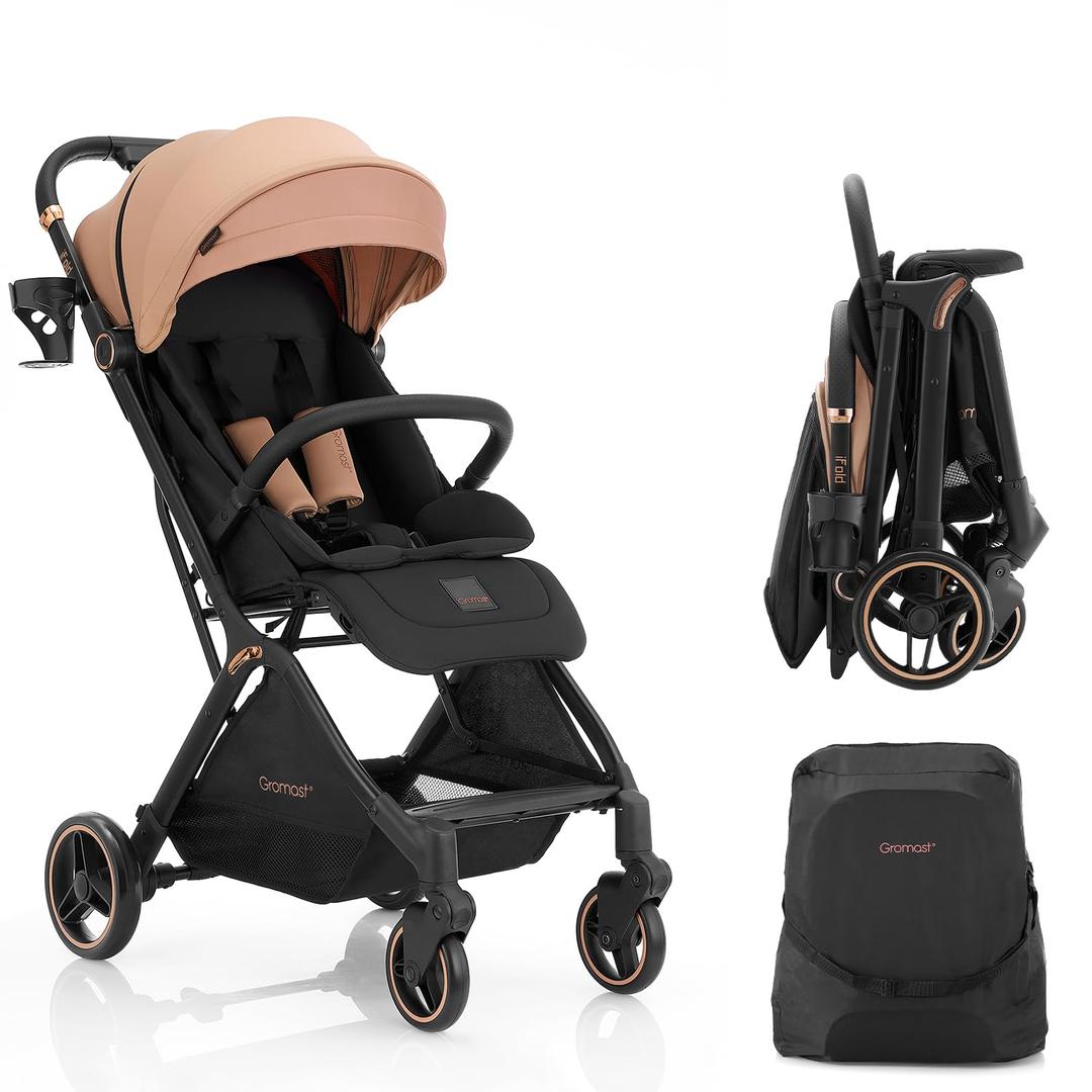 Gromast Gravity Folding Baby Stroller - Portable Travel Toddler Stroller w/Adjustable Backrest, Canopy & Cup Holder, Lightweight and UV Protected, One-Hand Automatic Folding - Khaki