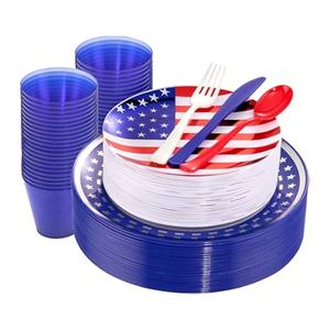 PULOTE 25PCS 4th of July Plates&Blue White Red Plastic Silverware&Clear Blue Cups, American Flag Plastic Plates Idea for Independence Day PULOTE 25PCS 4th of July Plates&Blue White Red Plastic Silverware&Clear Blue Cups, American Flag Plastic Plates Idea for Independence Day