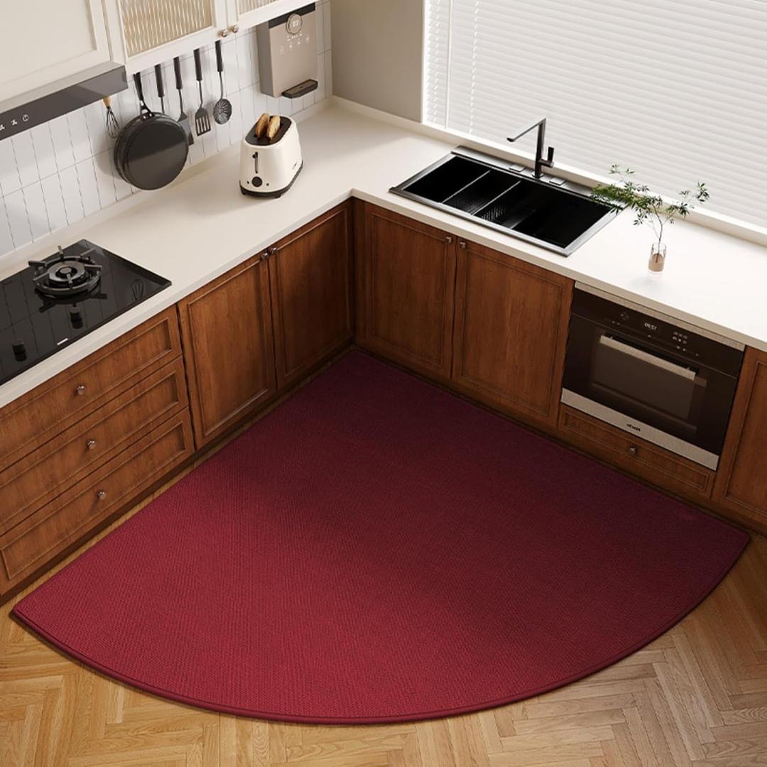 Non-Slip Corner Kitchen Rug - Super Absorbent Braided Floor Mat for Sink Areas, Washable Circular Sector Mat with Rubber Backing, Imitation Linen Kitchen Carpet (Burgundy, Radius 28'')