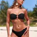 ZAFUL Women's Bandeau Bikini O Ring Strapless Tie Back High Cut Two Piece Swimsuit Bathing Suits (Black, M)