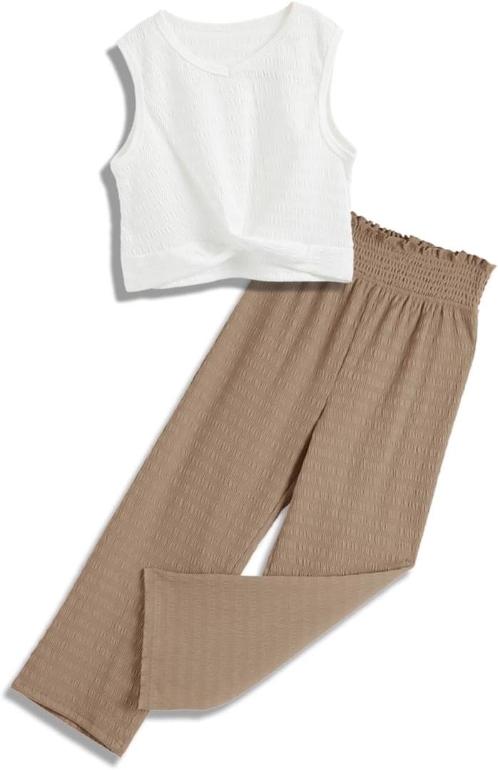 Girls Clothing Sets Sleeveless Bow Crop Top Wide Leg Linen Pants 2025 Summer Outfits Cute Kids Clothes (9-10 Years, Z-camel)
