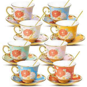 8 Set Tea Cups and Saucers, 8 OZ Floral Porcelain Cup and Saucers Set for Latte Cappuccino Espresso Mocha Afternoon Tea Birthday Wedding Party Supply Housewarming Women Gift