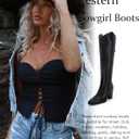 Women Cowboy Knee High Boots Chunky Block Heel Square Toe Tall Riding Boots (Black)