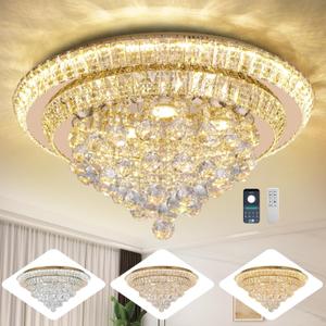 Large LED Crystal Raindrop Ceiling Light,Rose Gold, 24" Elegant Semi Flush Mount Chandelier Light Fixture with Remote Control for Living Room Kitchen Bedroom Hallway Entryway Foyer(Dimmable)