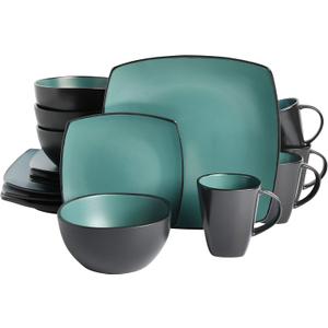 Gibson Soho Lounge Square Reactive Glaze Stoneware Dinnerware Set, Service for 4 (16pc), Matte Jade