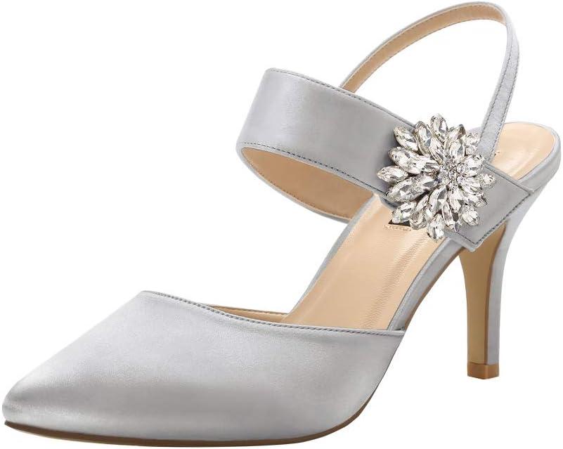 ERIJUNOR Mid Heel Shoes for Women Pointed Toe Slingback Rhinestone Brooch Satin Dress Pumps Evening Prom Wedding Shoes (10, Silver)