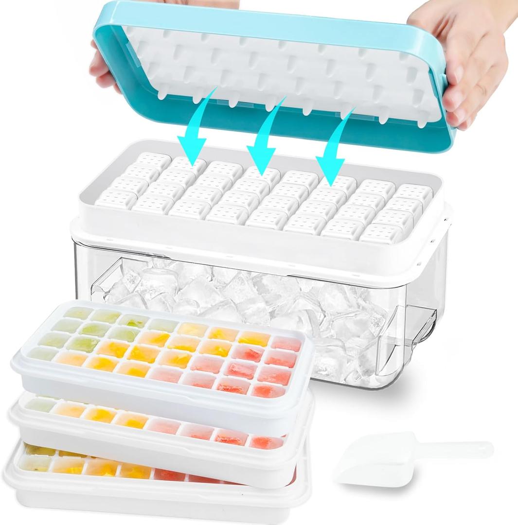 Ice Cube Tray, Ice Tray with Lid and Bin and Ice Scoop, Ice Cube Pop Out Tray, Ice Cube Trays for Freezer, Ice Cube Molds, BPA Free, Easy Release Stackble Spill-Resistant (Blue 3 Tier)