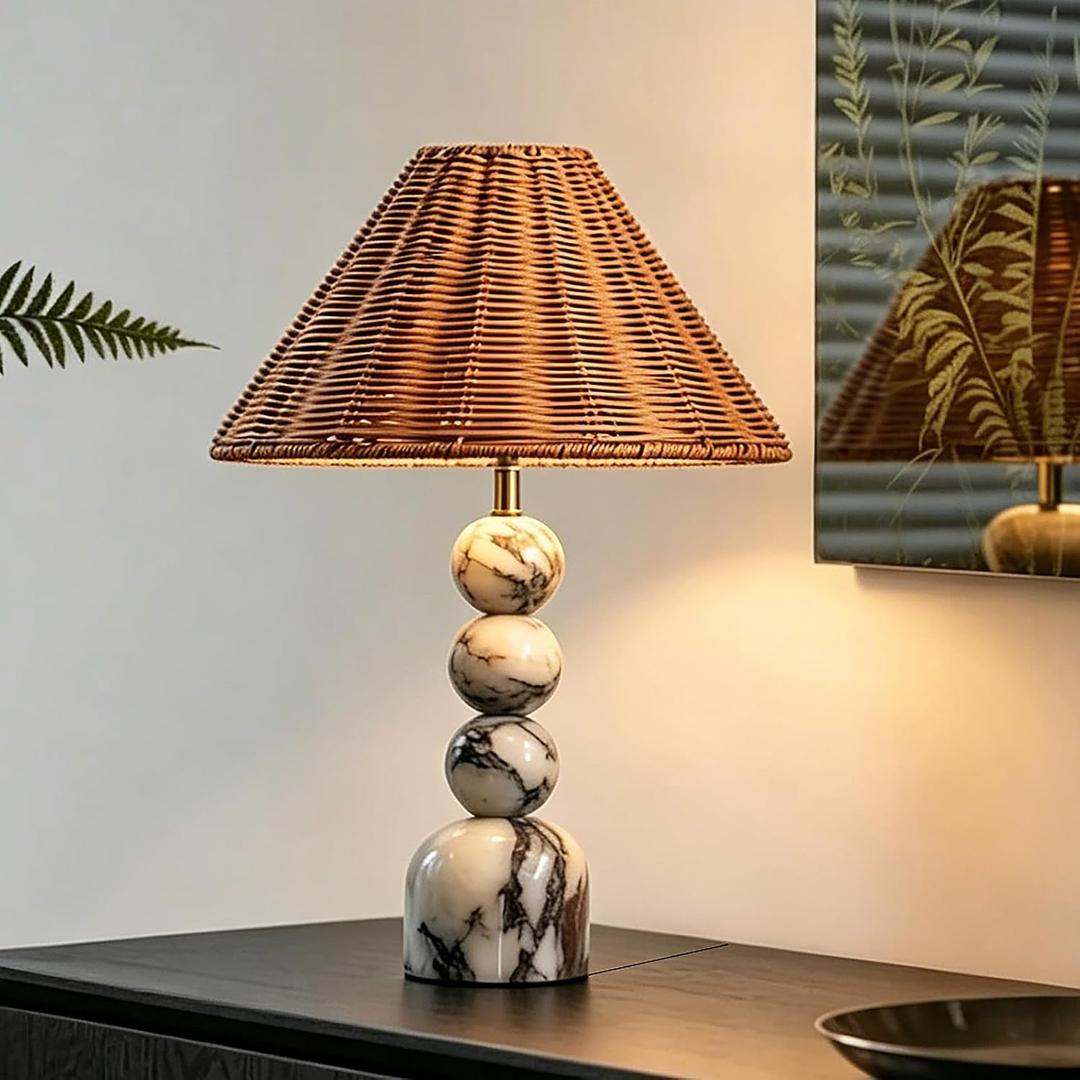 Calacatta Marble Table Lamp - Home Decor Hand Vintage Woven Rattan Shade,Side Table Stone Lamp for Bedroom Living Room, Counter, Console, Entryway House Warming Gifts New Home