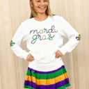 Womens Mardi Gras Shirt Stripes Fat Tuesday Tee Shirt Sequin New Orleans Carnival Party Long Sleeve Top (White, L)