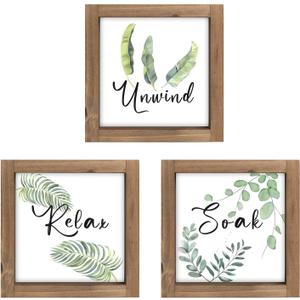 pechpell 3 Piece Relax Soak Unwind Wall Art Bathroom Signs, Wooden Sage Green Spa Bathroom Decor, Botanical Leaves Plant Pictures Indoor Restroom Shelf Table Bedroom Rustic Farmhouse Home Decorations