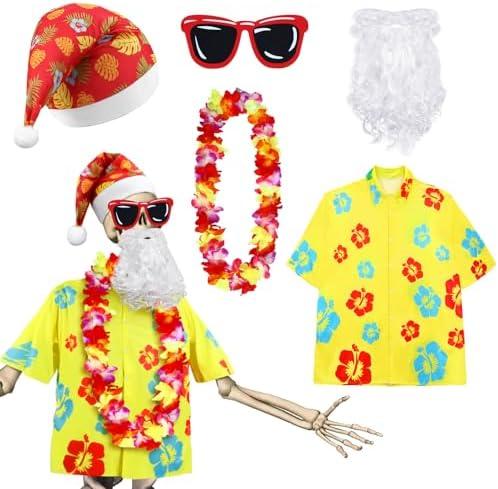 WinnerWhy 5 Pcs 12 ft Skeleton Summer Christmas Costume Set Beach Shirt Santa Hat Beard Hawaiian Leis Sunglasses Christmas in July Skeleton Santa Outfit Accessories Decorations Multicolor 3XL