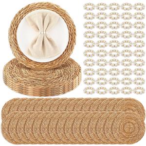 50 Pcs Cattail Round Woven Placemats Set, Cattail Placemats with Pearl Napkin Rings Boho Farmhouse Rustic Woven Chargers Natural Mat Bulk for Wedding Party, Dinner Table (12 Inch)