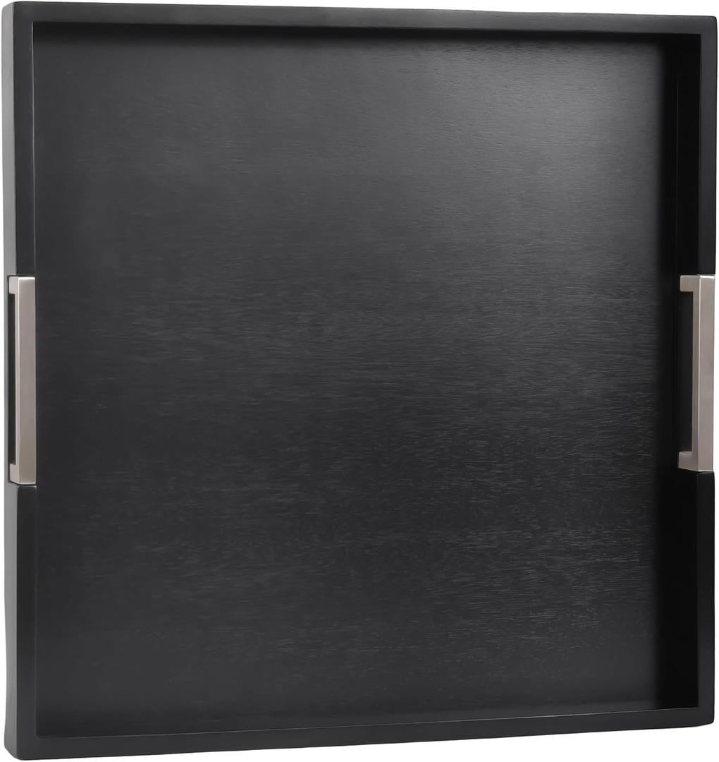 Joy&Grace Large Square Ottoman Tray for Living Room and Coffee Table Decorative Wood Serving Tray with Handles for Breakfast in Bed, Dinner Food TV (Black, 20" x 20" x 2")
