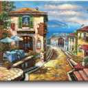 UTOP-art Coastal Cityscape Oil Painting Artwork: Italian Town Canvas Wall Art Mediterranean Style Street Painting for Living Room (45 x 30)