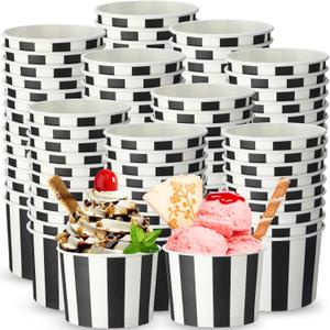 Honeydak 200 Pack Black and White Stripes Ice Cream Cups Bulk 5 oz Small Disposable Treat Paper Cups Dessert Yogurt Bowls Snacks Sundae Yogurt Container for Summer Wedding Birthday Party Supplies