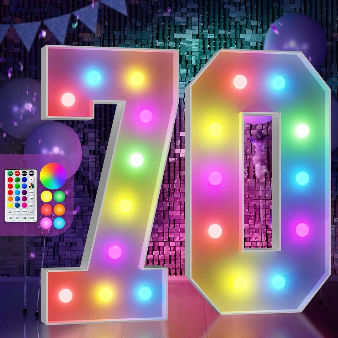 Marquee Numbers Colorful 70th Birthday Decoration: 4FT Large Light Up 70 Year Old Birthday Decorations Anniversary Backdrop Cardboard Sign 18 Colors Number 70 Mosaic Balloon Frame