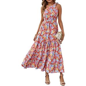 PRETTYGARDEN Women's Summer Floral One Shoulder Maxi Dress Knot Ruffle Boho Beach Vacation Wedding Guest Long Sun Dresses XL