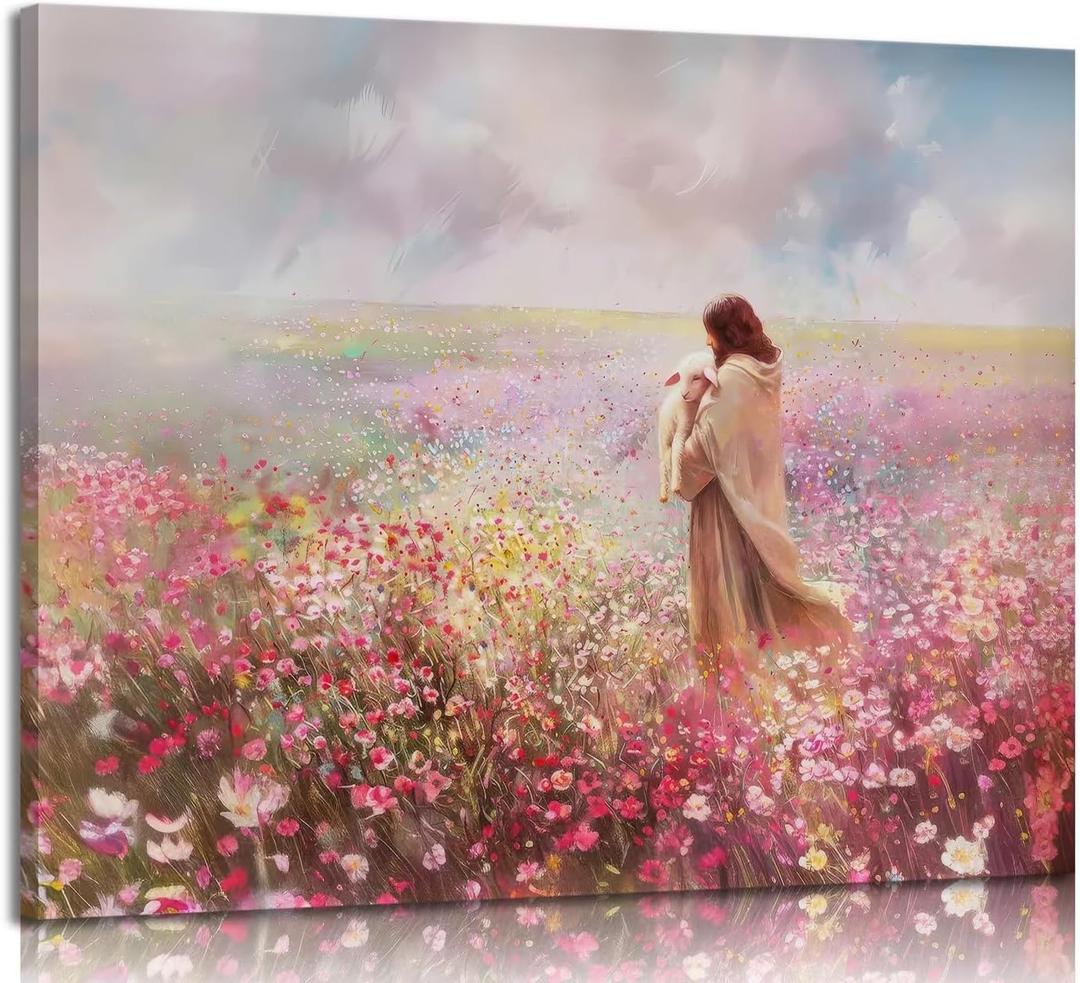 Jesus and Lamb Canvas Wall Art The Lost Lamb Christian Painting Picture Wall Decor God Religious Belief Poster Print Artwork for Church Bedroom Living Room Home Decoration,16x12in Canvas