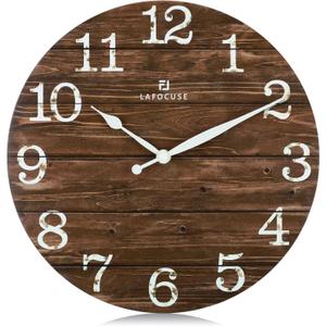 Lafocuse 12 Inch Silent Brown Wall Clocks for Kitchen Living Room Decor, Wooden Rustic Wall Clock Battery Operated, Decorative Farmhouse Clock