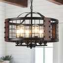 20" Black Farmhouse Chandelier Rustic Light Fixture for Dining Room 6 Light, 6-light wood grain