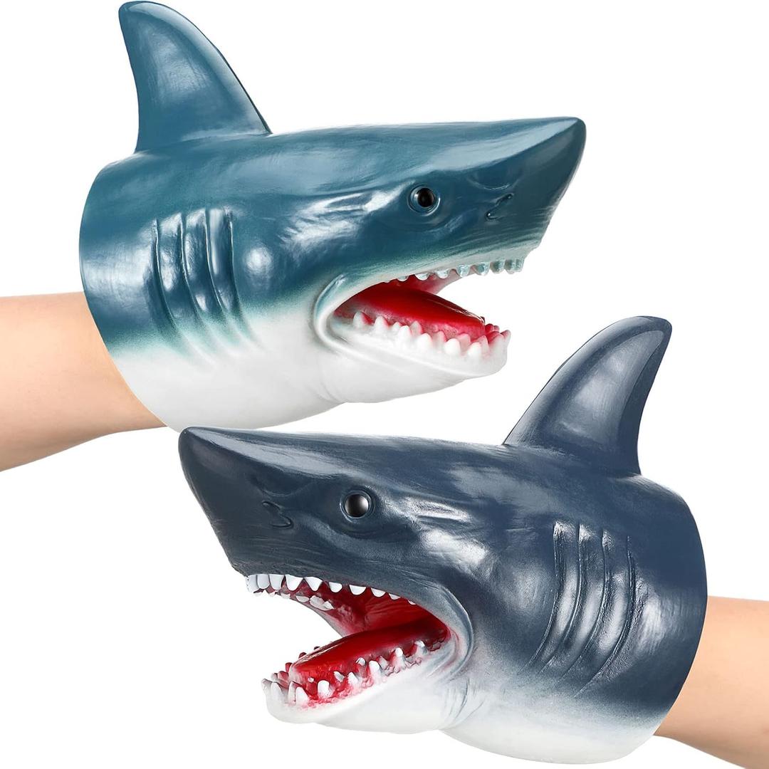 Lewtemi 2 Pack Shark Puppet Hand for Kids Soft Rubber Silicone Hand Puppet Animal Shark Head Cake Topper Role Play Toy for Children Swimming Pool Beach Bathing