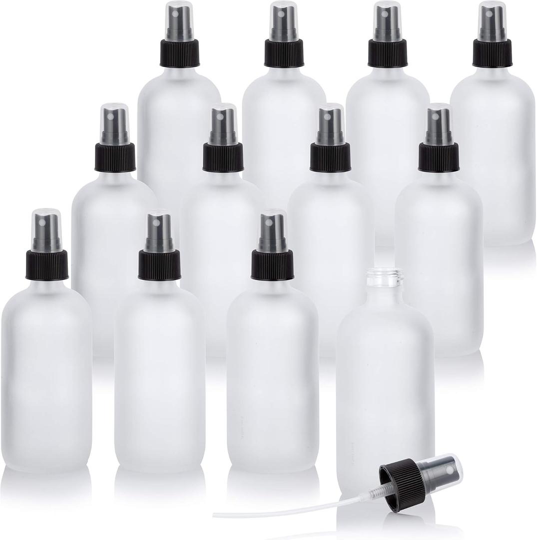 JUVITUS (12 pack) 8 oz Frosted Clear Glass Boston Round Bottle with Black Fine Mist Sprayer