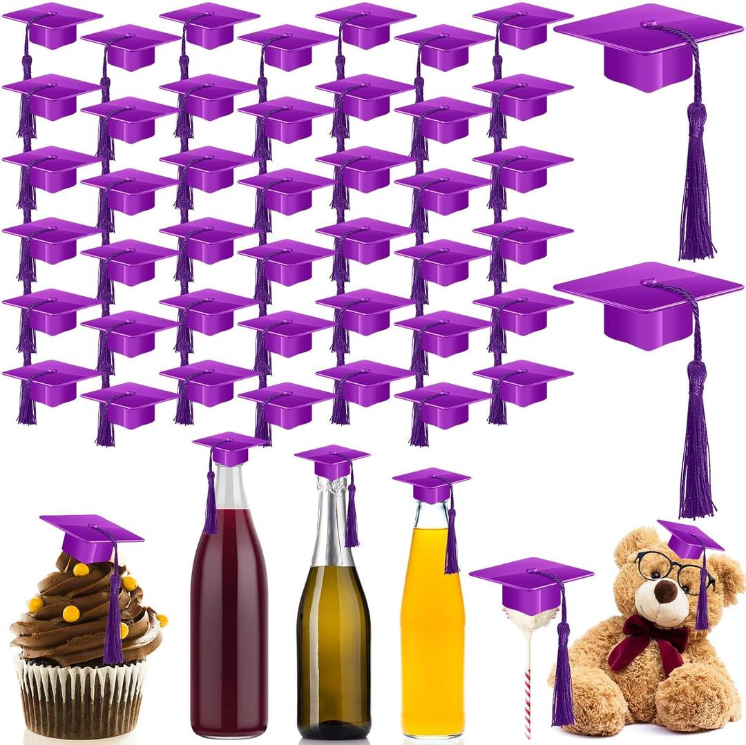 Qunclay 30 Pieces Mini Graduation Cap Black Hats with Gold Tassels Plastic Grad Cake Pops Cover Toppers for Graduation Party Decorations, Purple 