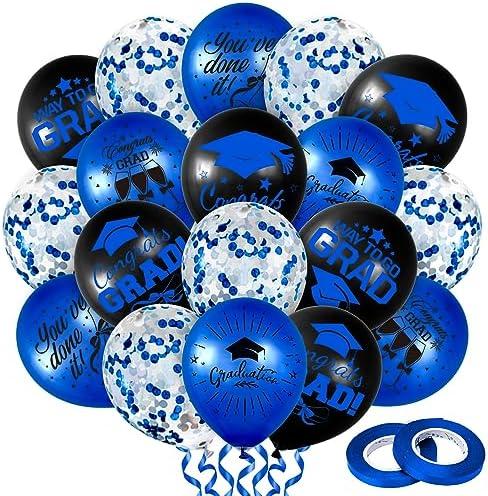 Whaline Only 50cs Graduation Party Balloon Set 7 Designs Confetti Latex Balloon with 2 Rolls Ribbon Grad Cap Congrats Grad Balloon for Graduation Party Decoration Supplies (Blue, Black)