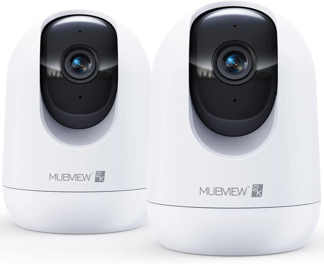 MUBVIEW Cameras for Home Security, 2,4G WiFi 2K Indoor Wired Security Baby/Pet Camera with Phone App, Night Vision, 24/7 Record, 2-Way Audio, Motion Tracking, Cloud Storage (2 PCS, A White 2.4Ghz)