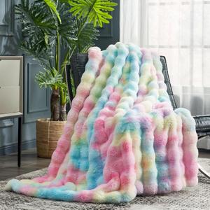 Cozy Bliss Faux Fur Throw Blanket for Couch, Fuzzy Soft Plush Thick Bubble Blanket for Sofa Bedroom Living Room,50 * 60 Inches Tie-dye Rainbow