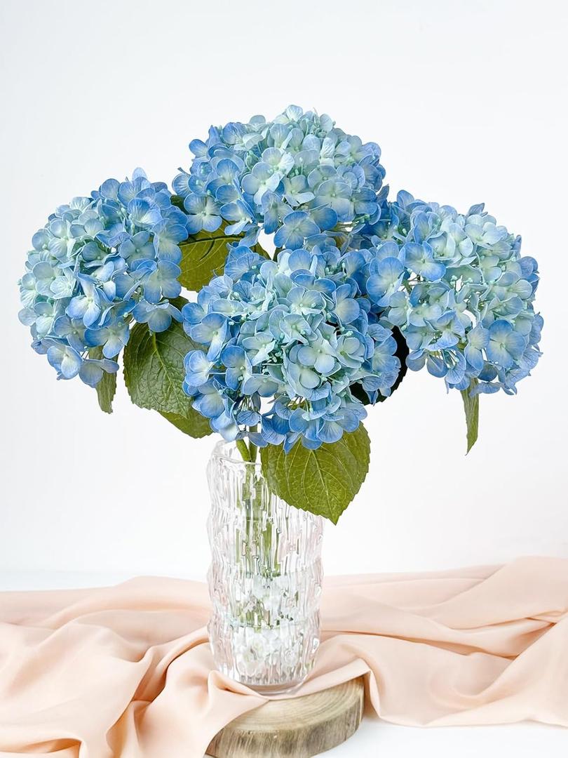 4 Pcs Real Touch Blue Hydrangeas Artificial Flowers 20'' Real Looking Faux Hydrangeas for Party Wedding Home Decor Kitchen Baby Shower Flower Arrangement