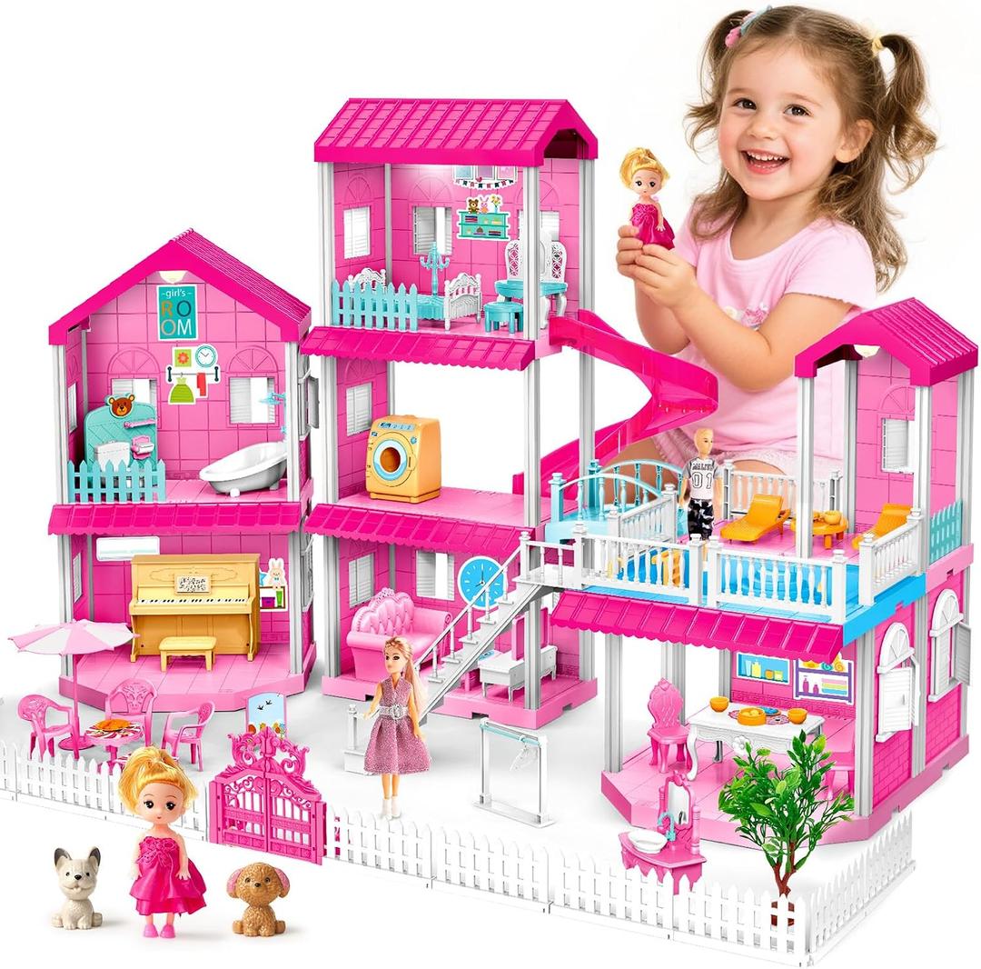 Toylink Pink Doll House for Girls, 3-Story Villa Playset with Light, 3 Dolls, Pool & Slide, Dollhouse Furniture and Accessories, Pretend Play Toddler Toys Birthday Gifts for Kids 3 4 5 6 7 8